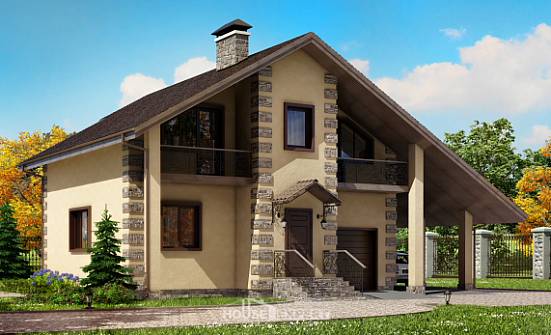 150-003-П Проект двухэтажного дома мансардой и гаражом, небольшой домик из пеноблока Зима | Проекты домов от House Expert