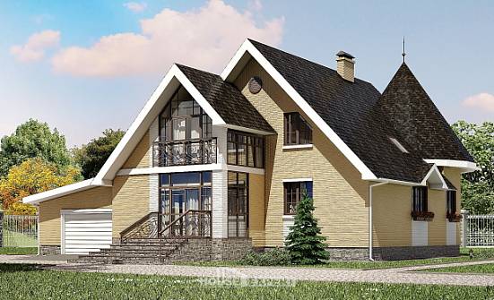 250-001-Л Проект двухэтажного дома мансардный этаж и гаражом, просторный загородный дом из блока, Киренск